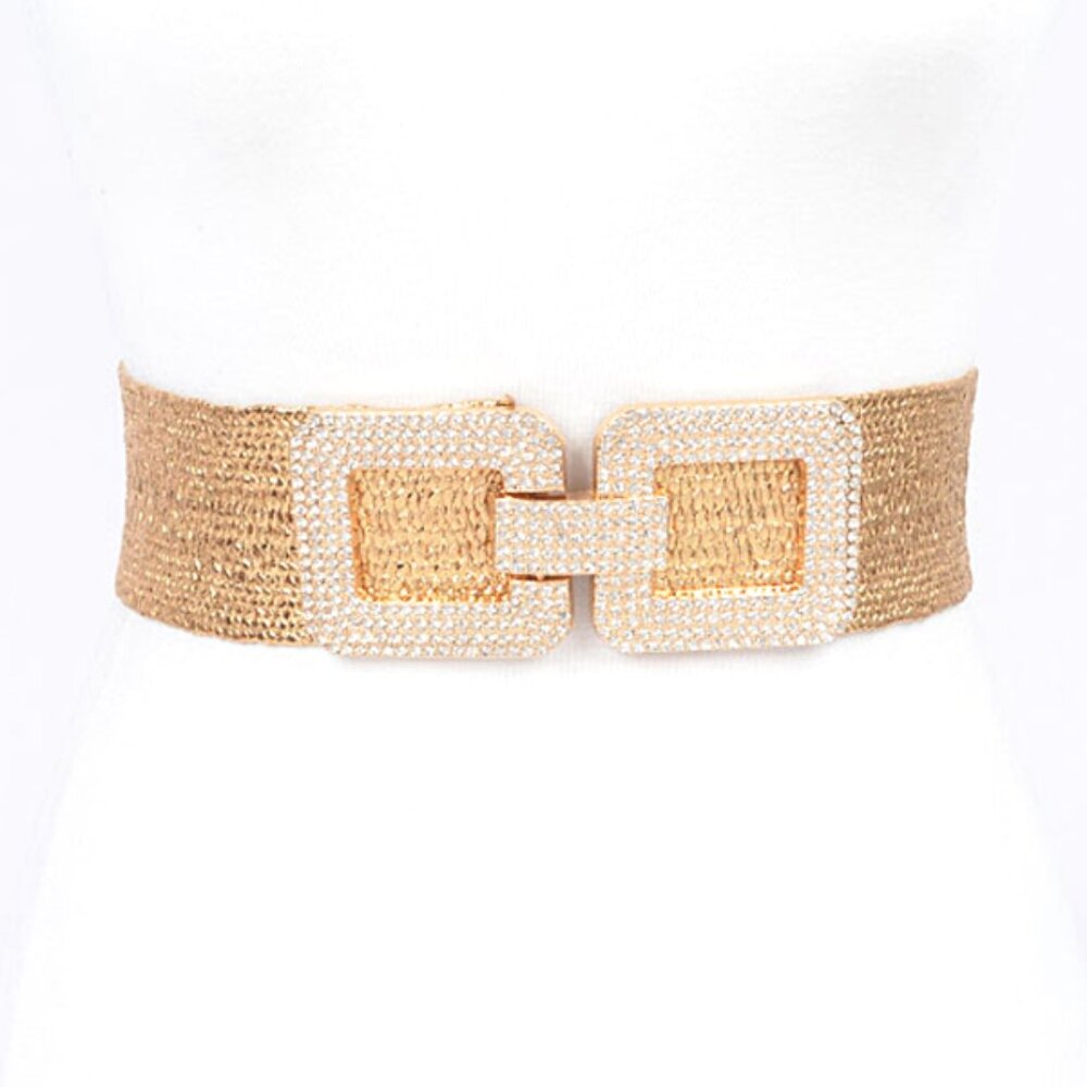 BNWT Gold Metallic Straw Textured Rhinestone Buckle Elastic Stretch Belt